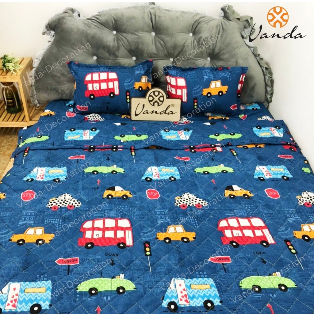 Bộ chăn hè Cotton Poly VN ga gối , drap giường họa tiết ô tô