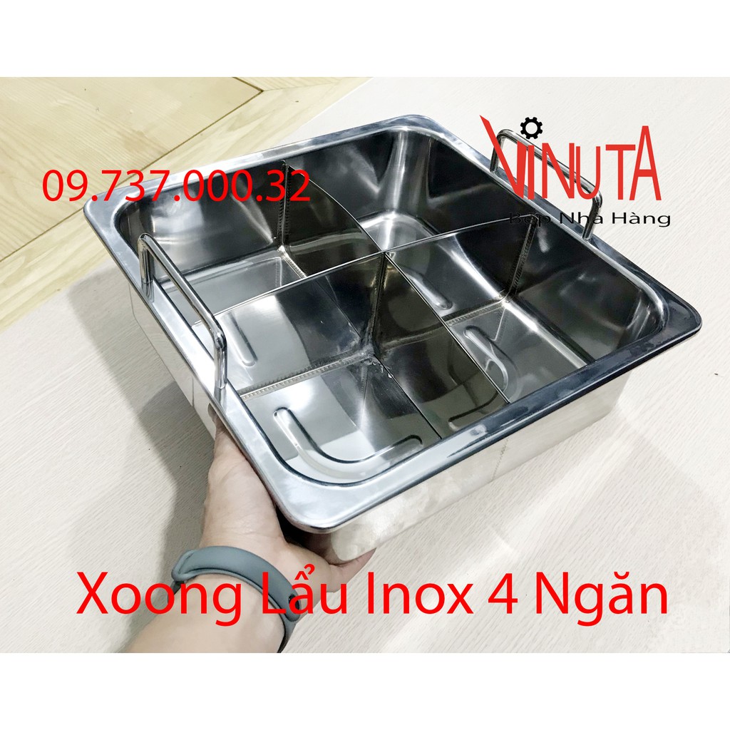 nồi lẩu inox 4 ngăn, Xoong nấu lẩu inox 4 đáy hình vuông dày