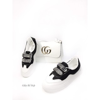 Giày Sneaker Nữ Trắng Đen Quai Dán Ngang 2 Vạch Cá Tính Chất Lượng Cao Ullzang Phong Cách Hàn Quốc | Giày Thể Thao Nữ