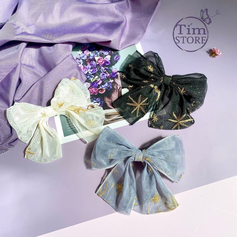 Kẹp tóc nơ lưới thêu trăng sao TÍM STORE phong cách hàn quốc thời trang hiện đại