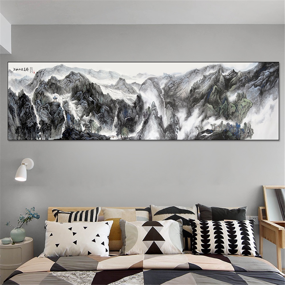 Tranh Vải Bạt Treo Tường In Hình Phong Cảnh Thư Pháp Truyền Thống Trung Hoa Trang Trí Nhà Cửa