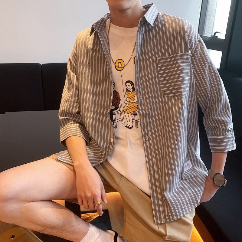 ♙ↂIns wind shirt male popular logo harajuku stripe 7 minutes of sleeve men's short all han edition tide coat