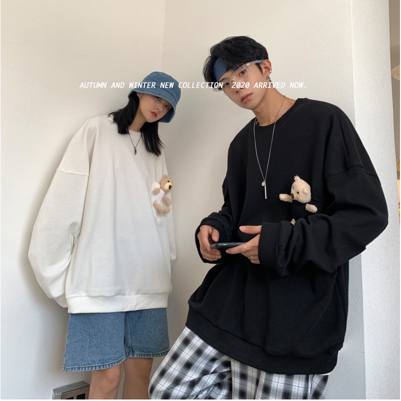 Áo thun nam nữ kèm Gấu Bông unisex dài tay cổ tròn cotton trắng đen basic phom rộng oversize local brand Cheapy