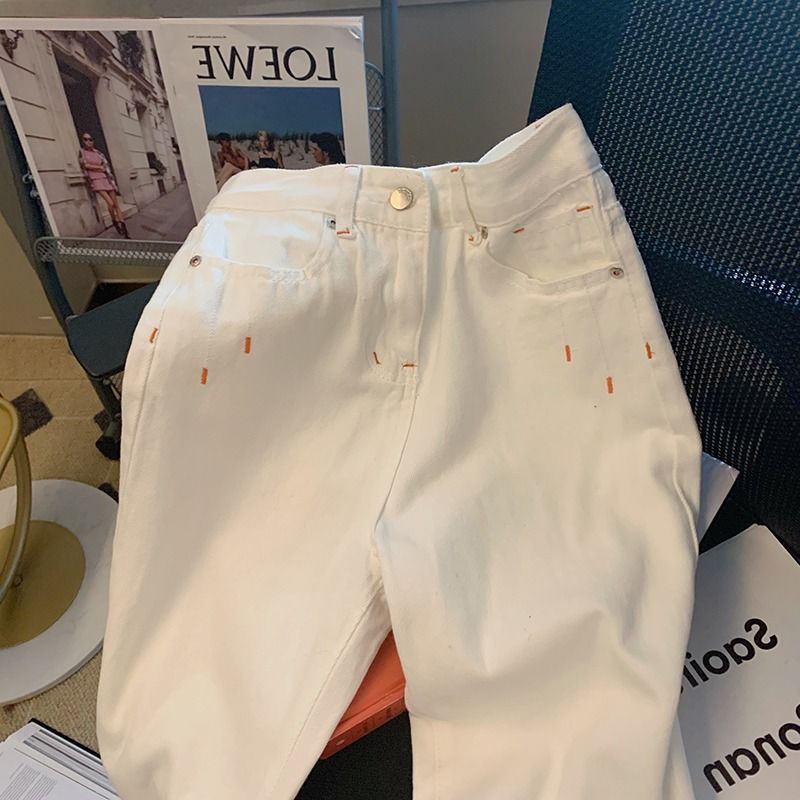 Jiashucheng Quần Jean Nữ Ống Rộng Lưng Cao Màu Trắng Thời Trang Mới