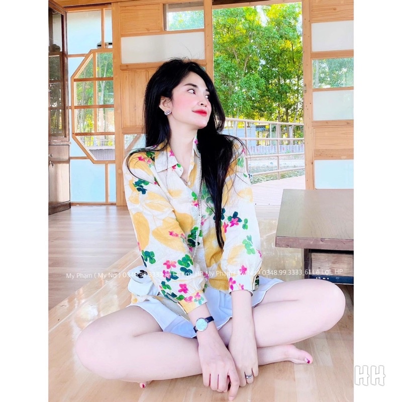 ANU366 - ÁO SƠ MI HOA VÀNG LÁ CỔ ĐỨC