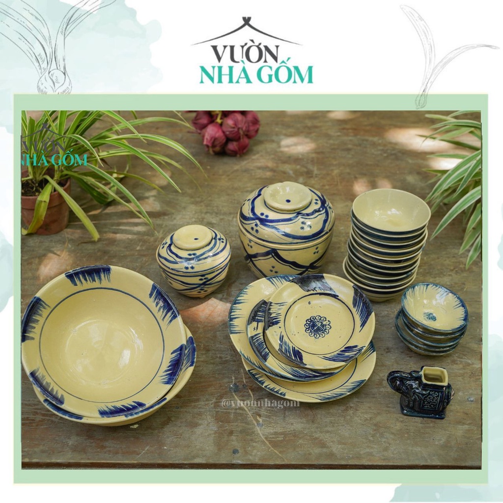 Bộ set chén bát tông xanh dành cho gia đình- bộ chén bát ăn cơm- Vườn Nhà Gốm