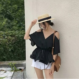 Áo sơ mi hở vai chân bèo cột eo, đi biển, ulzzang
