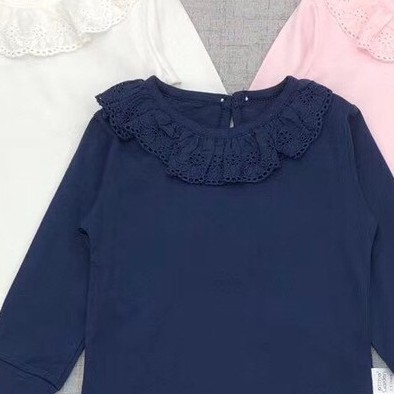 Áo dài tay bé gái 1-4 tuổi vải cotton thêu cổ, Áo thun cho bé điệu đà