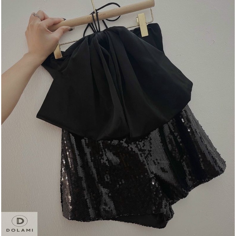 Jumpsuits short nơ ngực phối kim sa