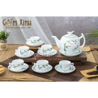 Bộ ấm chén Bát Tràng_Bộ bình trà bưởi cành vẽ trúc chuồn