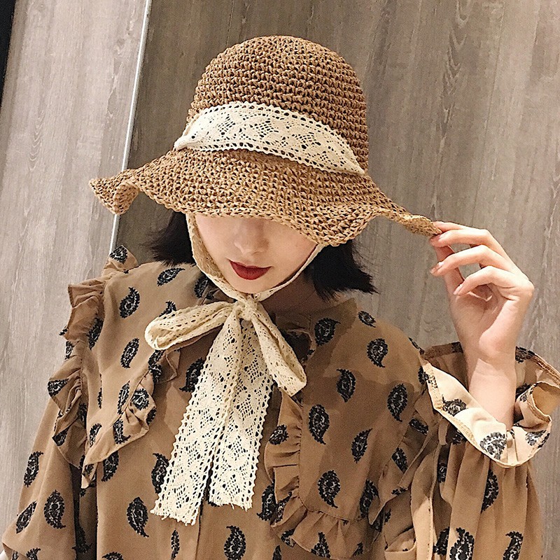 Mũ Cói Rộng Vành Thắt Dây Xinh Xắn Thời Trang Hè Phong Cách Hàn Quốc Cho Nữ