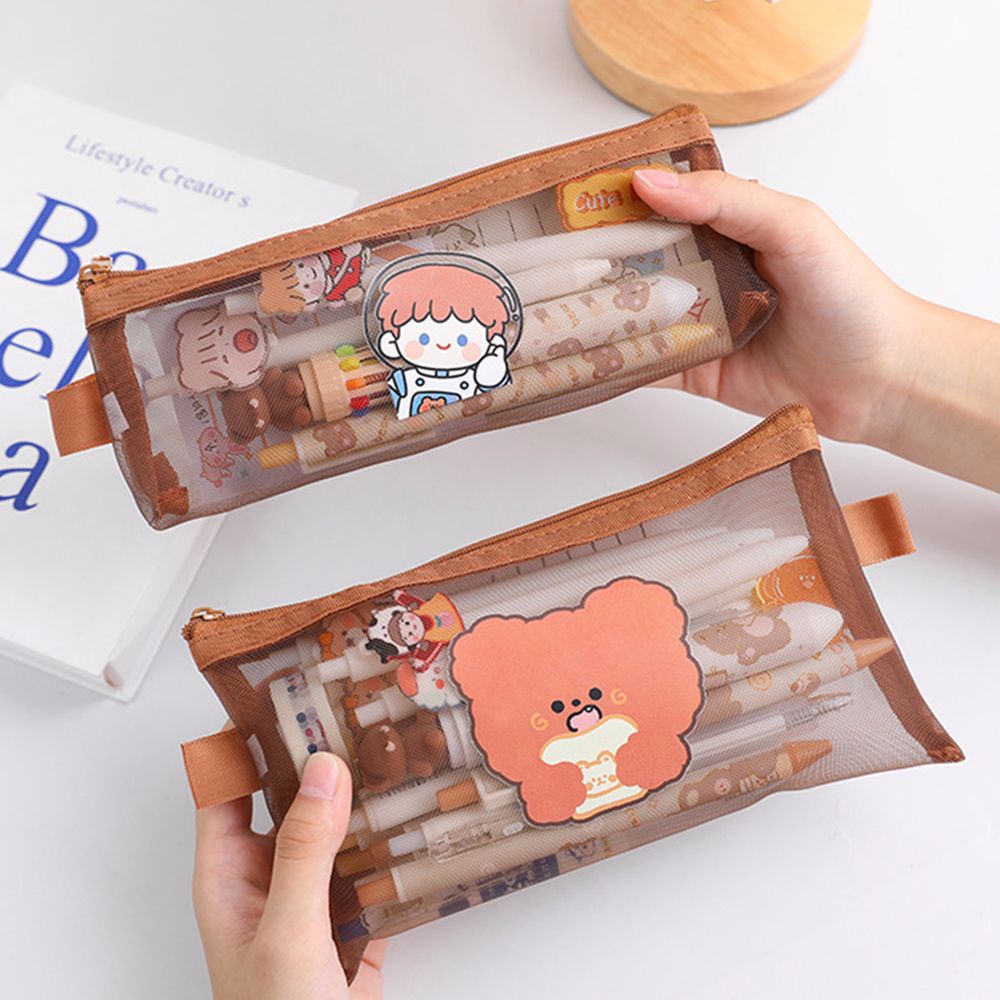 Túi đựng bút bằng lưới màu nâu trong suốt hình gấu phi hành gia dễ thương