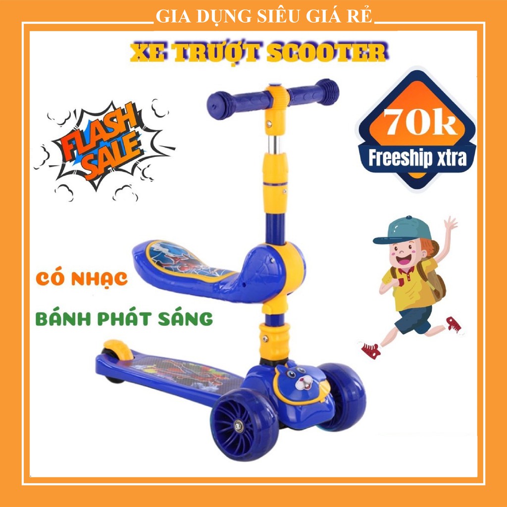 XE TRƯỢT SCOOTER CÓ GHẾ NGỒI + CÓ NHẠC CÓ ĐÈN PHÁT SÁNG/XE SCOOTER NHỰA - SẮT 3 BÁNH CÓ ĐÈN