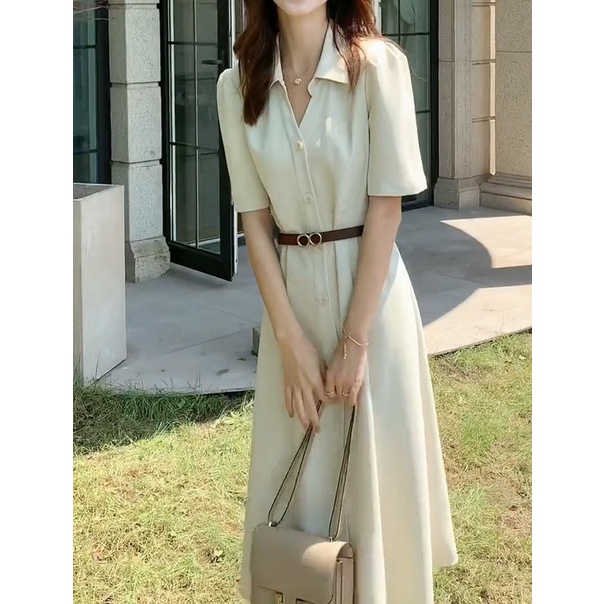 Váy Sơ Mi Đầm Công Sở Dự Tiệc Nữ Dáng Dài Thắt Eo Xòe Vintage Tay Ngắn Thiết Kế Cao Cấp Hàn Quốc Thời Trang VADA (Đ33)