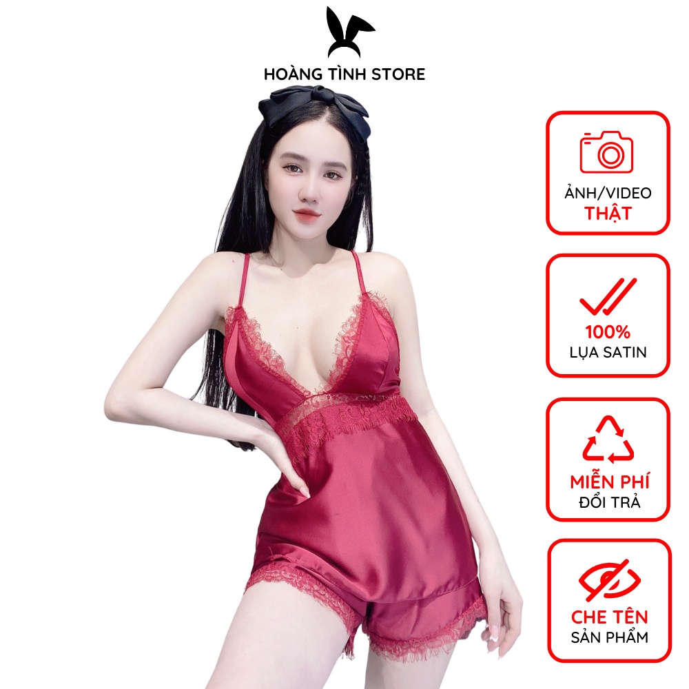 Đồ ngủ sexy 2 dây phối ren mi gợi cảm Hoàng Tình Store lụa satin mềm mịn thoáng mát Freesize
