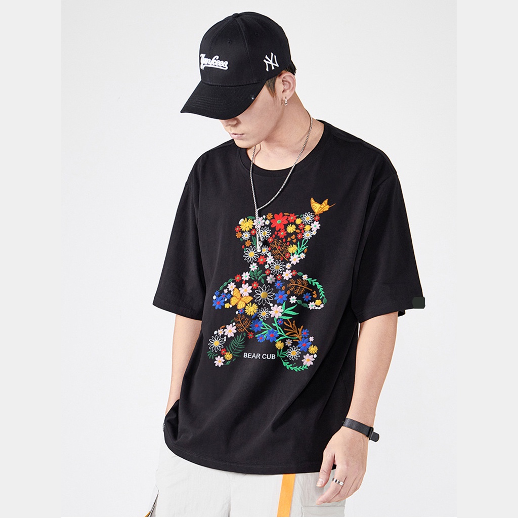 Áo thun tay lỡ AMIHOUSE gấu hoa unisex