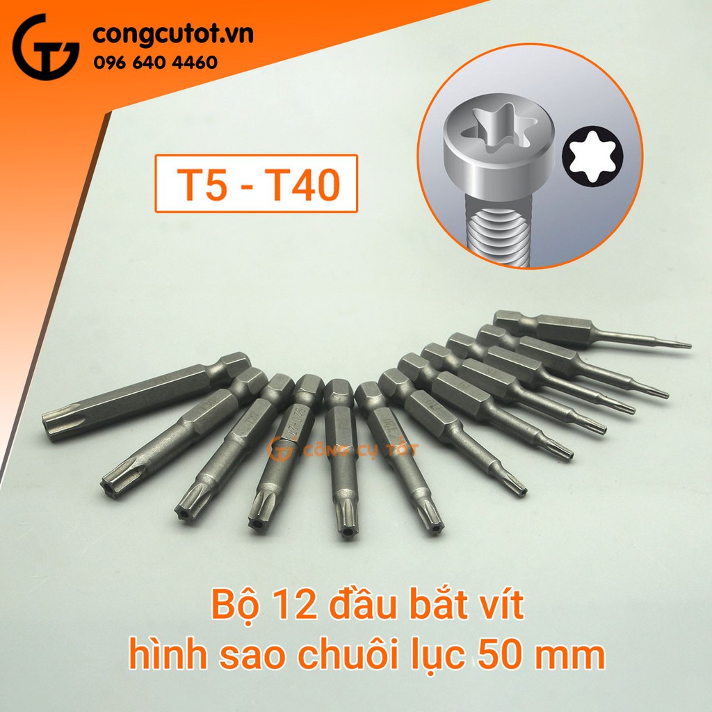 Bộ 12 đầu bắt vít hình sao chuôi lục 50 mm T5 - T40