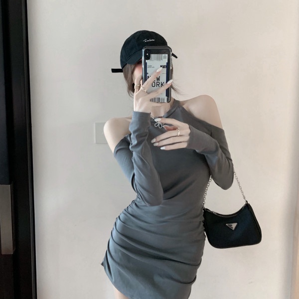 [MURIOKI] Đầm Mini Trễ Vai Màu Đen / Xám Tay Dài Dáng Ôm Phong Cách Hàn Quốc Thời Trang Cho Nữ