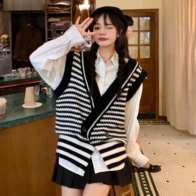 Áo gile len Hàn Quốc croptop Kẻ Sọc Kiểu Cổ V Hàn Quốc Họa Tiết Dễ Thương Ulzzang thời trang Xiaozhainv vn