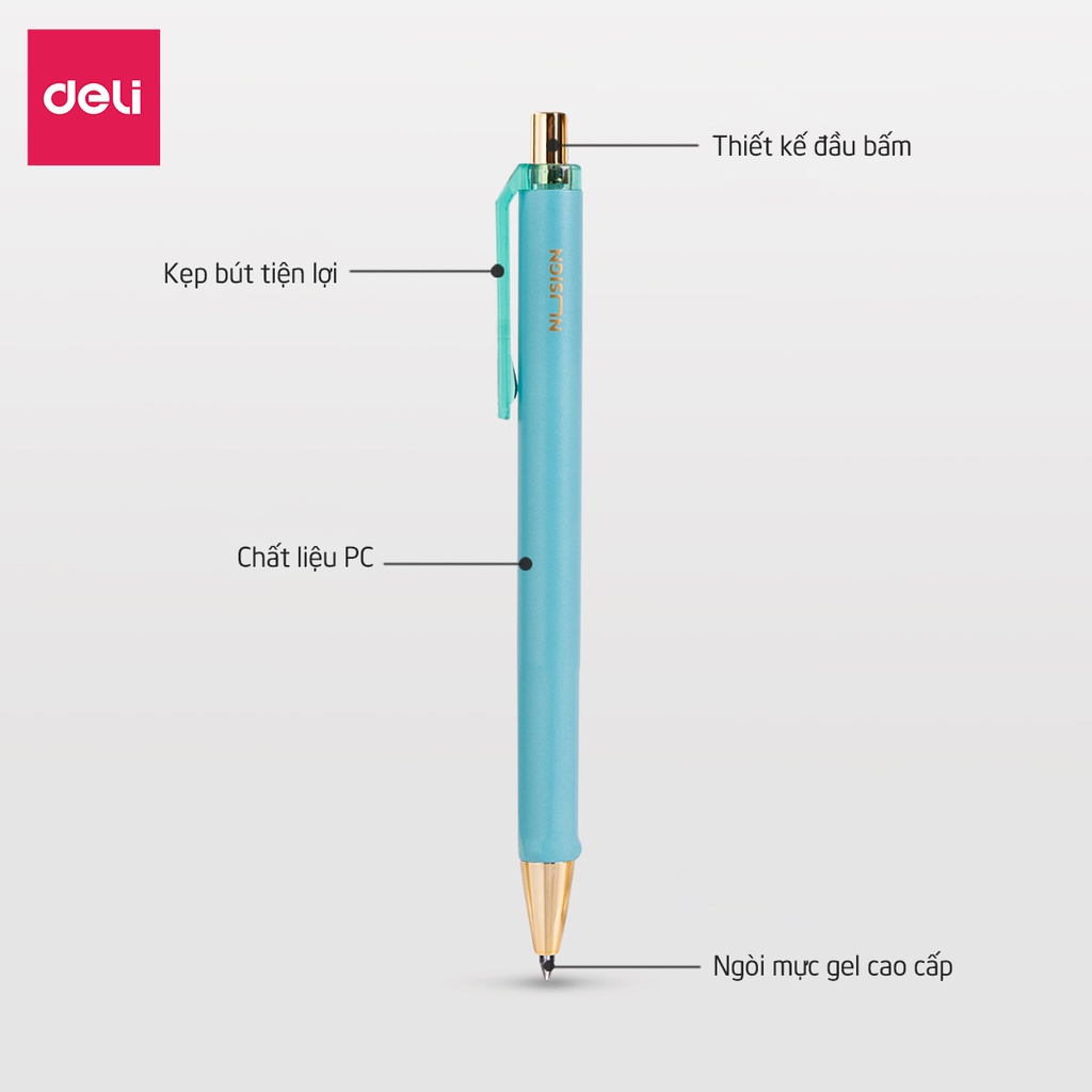 Bút bi dạng gel cao cấp Deli - mực đen - ngòi 0.5mm đầu bấm kim loại - 5 màu nổi bật - 1 chiếc - NS557