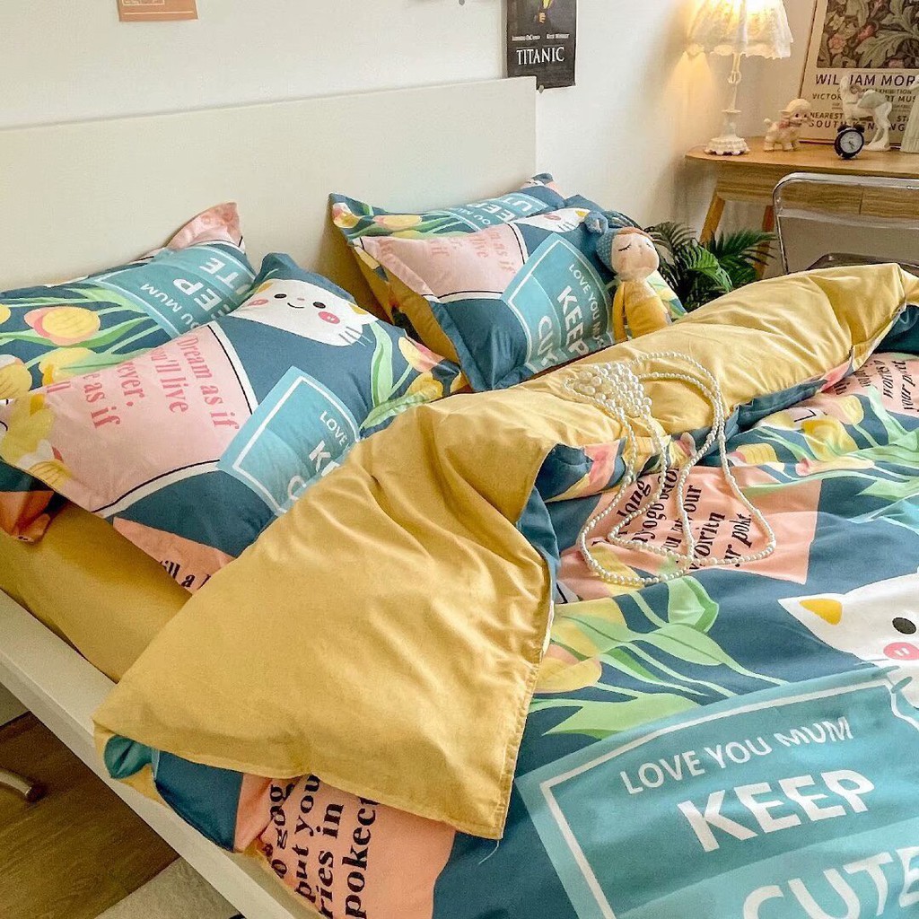 Bộ chăn ga gối Cotton Poly Minh Nhật Mèo hoa, vỏ chăn mền, drap giường và 2 vỏ gối