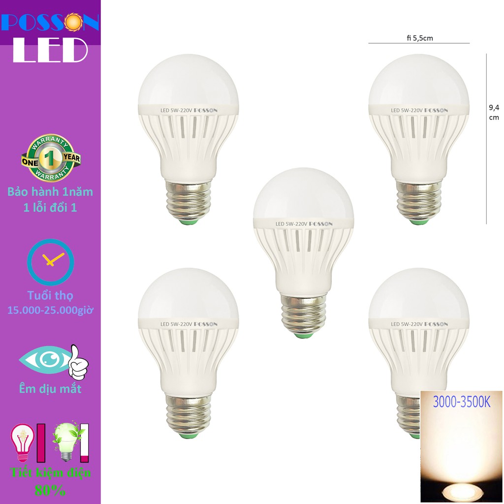 5 Bóng đèn Led 5w bup tròn bulb tiết kiệm điện Posson LB-E5x