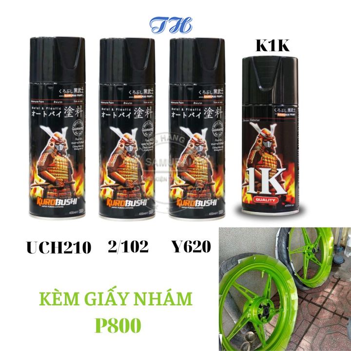 Combo 4 chai sơn samurai y620 màu xanh lá gồm: uch210 - 2/102 - y620 - k1k - giấy nhám p800