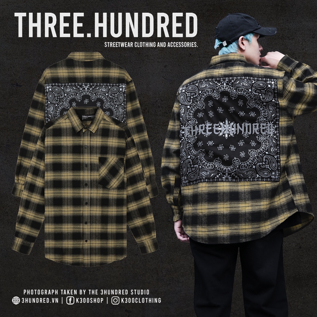 Áo Sơ Mi Sọc Đen Vàng Phối Khăn Flannel Khăn Badana Sau Lưng Chất Liệu Cotton Thoải Mái Phong Cách Đường Phố