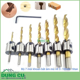 Bộ 7 mũi khoan gỗ doa lỗ vít đầu đinh phủ titanium