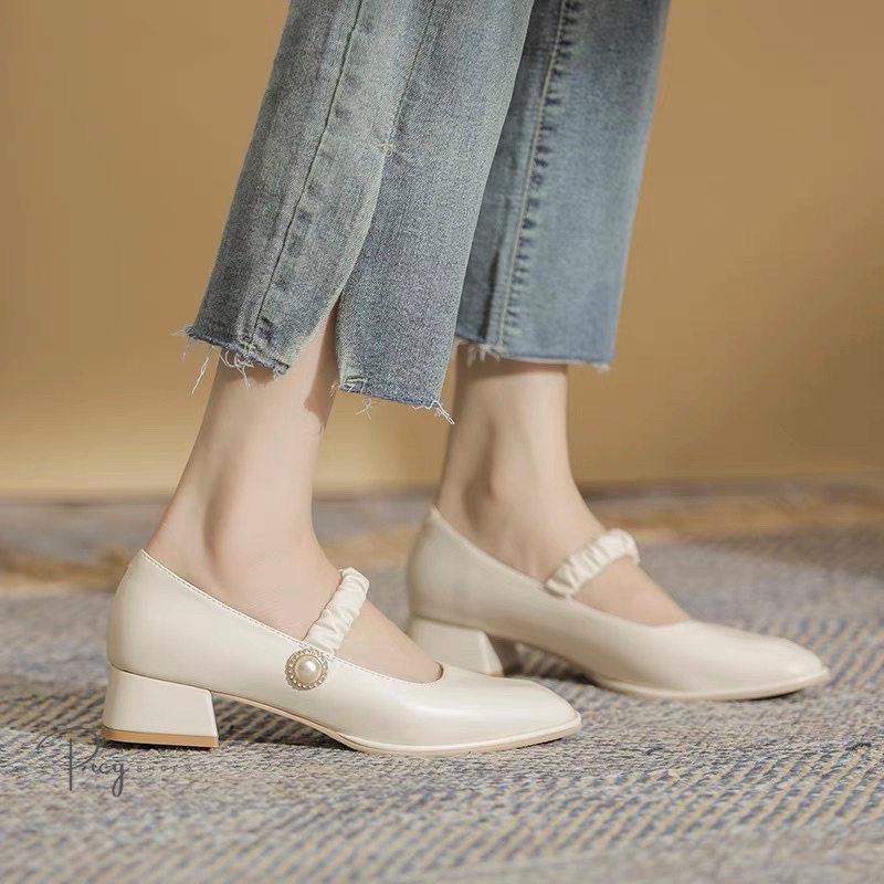 Giày búp bê Mary Jane quai nhún đính ngọc tiểu thư, gót vuông 3 phân da mềm êm chân _GBB01