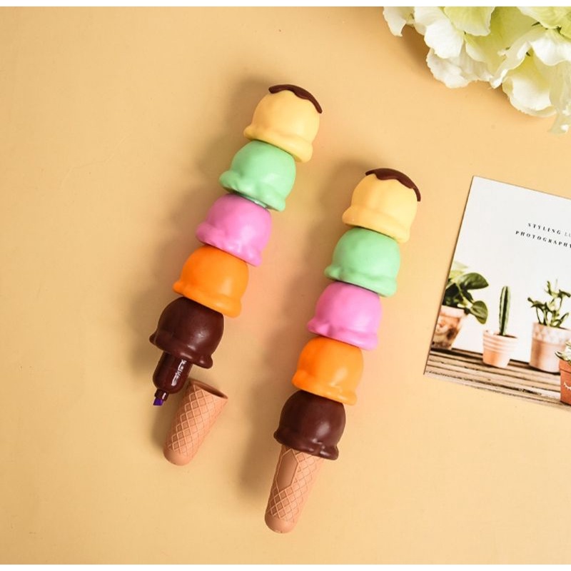 BÚT DẠ QUANG HÌNH CÂY KEM CUTE 5 IN 1 (bút nhớ)