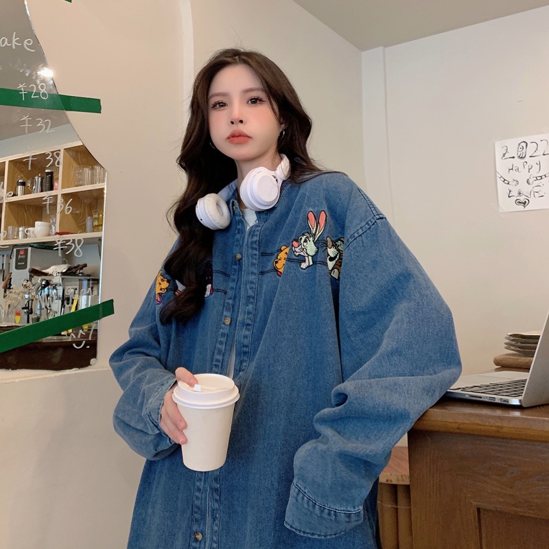 ZHELIHANGFEI Áo Sơ Mi Denim Họa Tiết Thêu Theo Phong Cách Retro Mỹ Dễ Phối Đồ