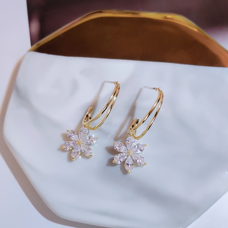 Khuyên tai JIUDUOLAN mặt bông hoa đính đá zircon mạ vàng 18K sáng bóng thời trang Hàn Quốc thanh lịch cho nữ
