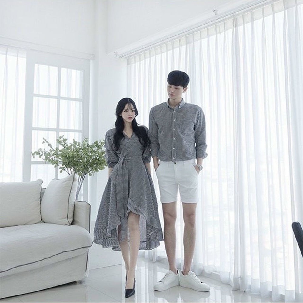 Set áo đầm đôi phong cách hàn quốc đồ cặp áo cặp chụp hình cưới sọc caro đầm đuôi cá dài