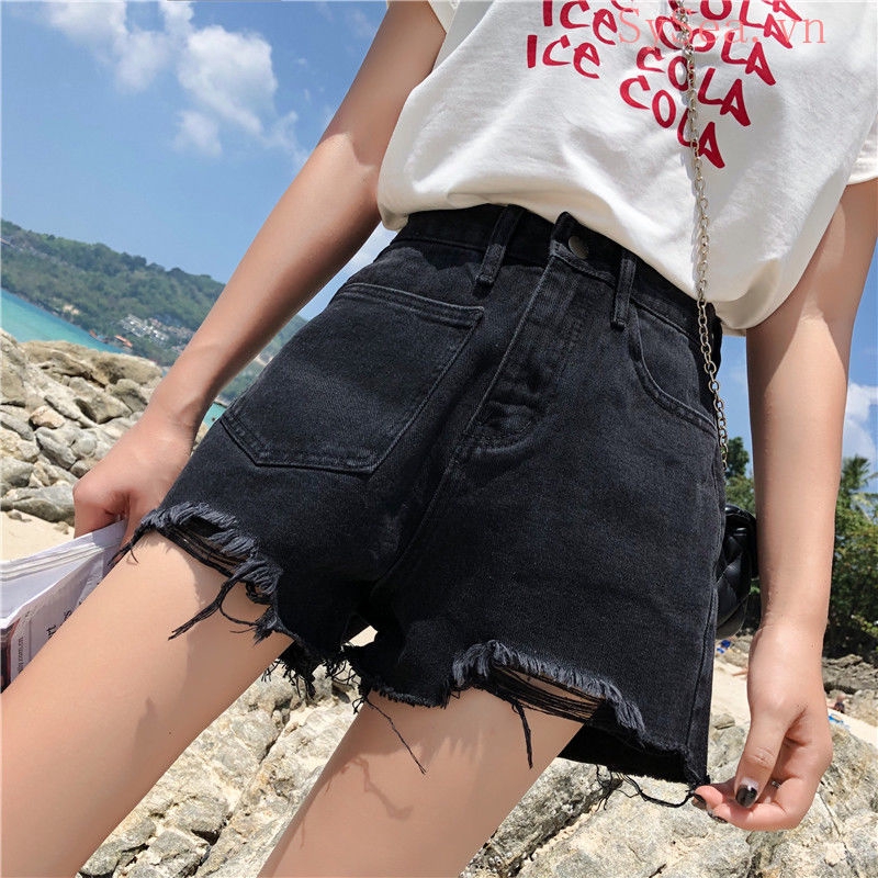 Quần Short Denim Ống Rộng Lưng Cao Phong Cách Hàn Quốc Dành Cho Nữ