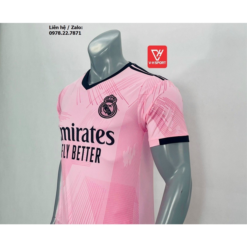 Bộ quần áo bóng đá, đồ đá banh Real Madrid Sân Khách Màu Hồng 2022-2023 Vải Thun Lạnh Cao Cấp