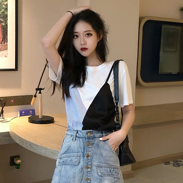 SUXI Áo thun kẻ sọc cổ tròn tay ngắn