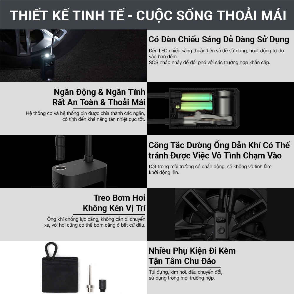 Bơm cầm tay đa năng Xiaomi Mijia Bicycle Pump MJCQB04QJ/ 1S MJCQB04QJ cổng sạc USB Type-C tiên tiến