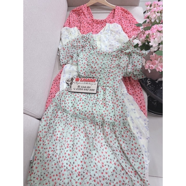 VÁY VOAN LỤA CỔ VUÔNG XẾP NGỰC 2 LỚP BÔNG NHÍ