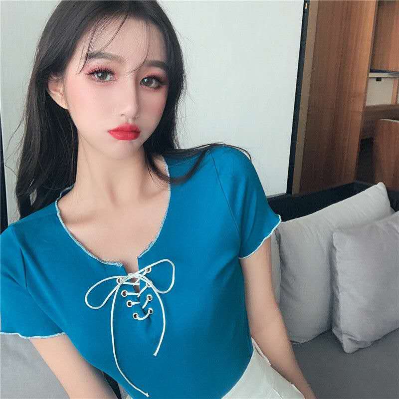 Áo Croptop Dệt Kim Ngắn Tay Phối Dây Rút Thời Trang | BigBuy360 - bigbuy360.vn