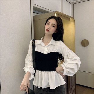 Áo Kiểu Nữ Sơ Mi Lụa Phối Len Ulzzang