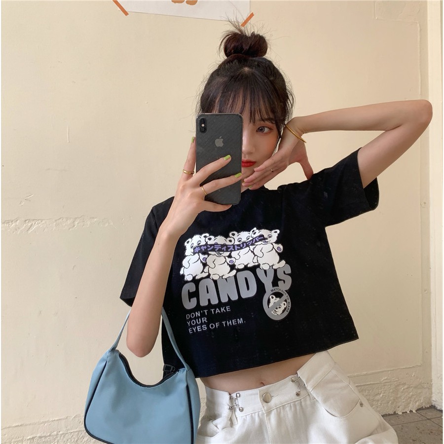 Áo croptop nữ ulzzang in hình gấu candy đôi nam nữ C26 - MaoMao