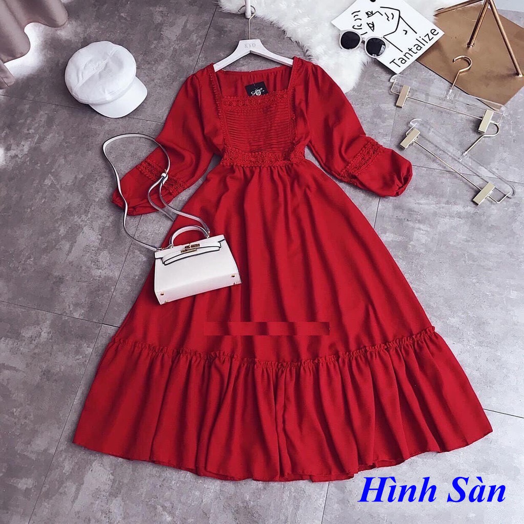 Đầm váy nữ maxi💗Hàng cao cấp💗dự tiệc ngực xếp ly tay dài phối ren chất Lụa siêu xinh | BigBuy360 - bigbuy360.vn
