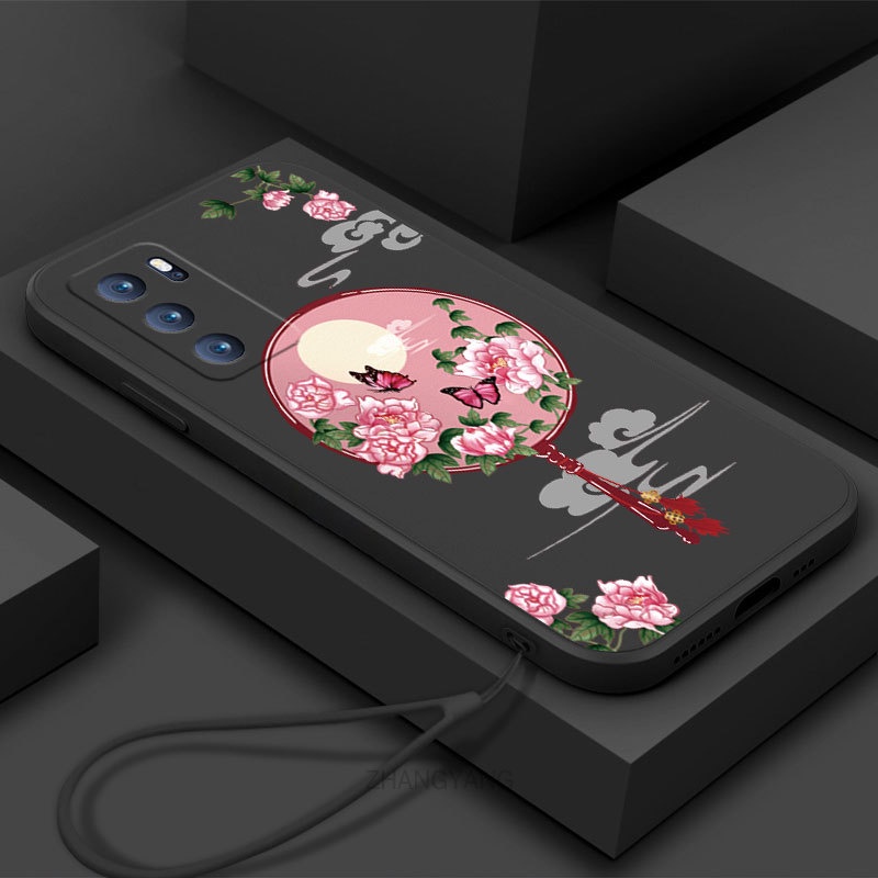 Ốp Điện Thoại Silicone Mềm Họa Tiết Hoa Mẫu Đơn Có Dây Đeo Cho oppo reno 6z 5g reno 6 4g reno 6 5g