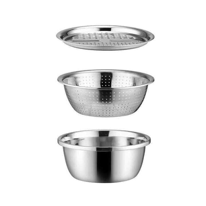 Bộ Nạo Rau Củ 3 Món Bào, Rổ Nạo Rau Củ, Kiêm Rổ và Chậu Inox Cao Cấp Đa Năng, Tiện Lợi Dùng Nhà Bếp