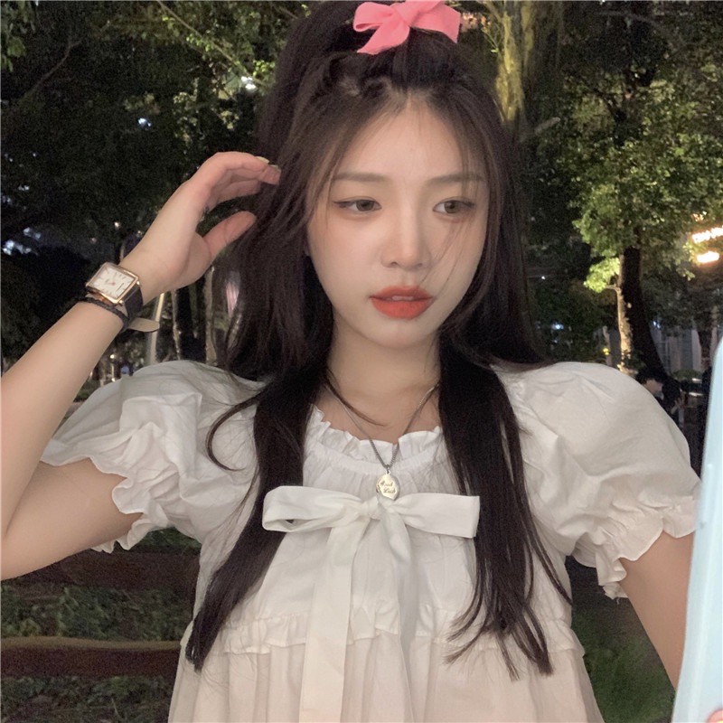 Áo Croptop Babydoll [Tiệm Vải Xinh] Áo Croptop Viền Ren Ngắn Tay Dễ Thương