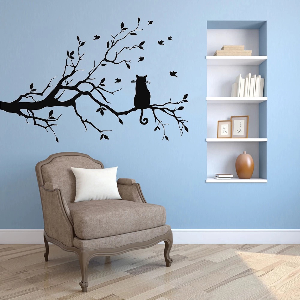 Miếng Dán Tường Hình Mèo Trên Cành Cây
