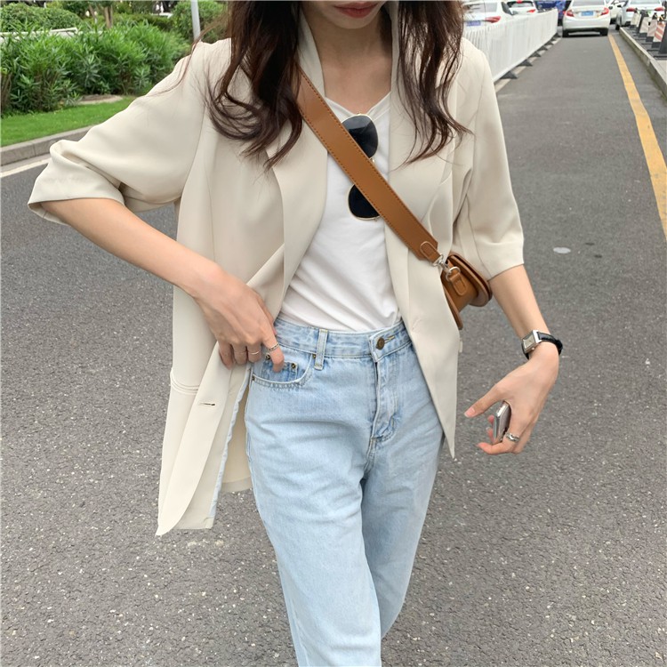 [SẴN SỐ LƯỢNG ÍT] Áo blazer mỏng cộc tay 2 màu pastel style ulzzang Korea (tím/be) | BigBuy360 - bigbuy360.vn
