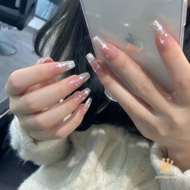 (Hàng Mới Về) Set 24 Miếng Dán Móng Tay Giả Trong Suốt Đính Đá Kèm Keo Dán