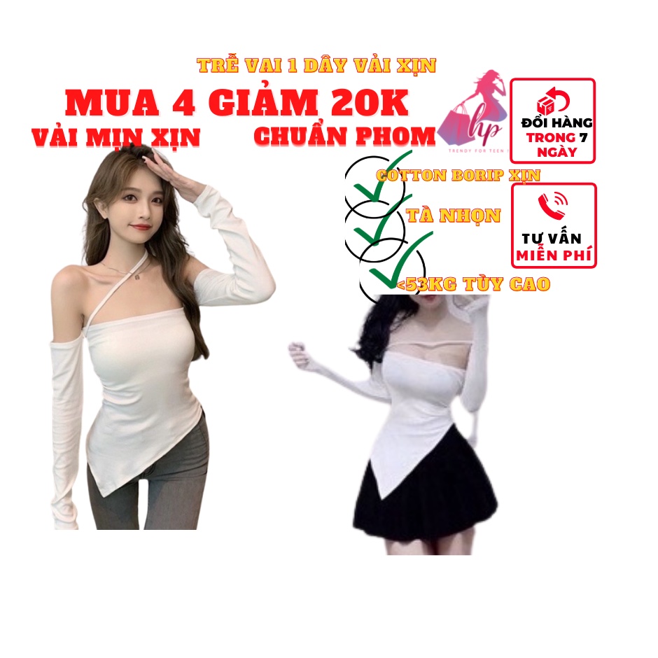 áo kiểu nữ bẹt trễ vai tay dài phối dây chéo tà nhọn vải thun cotton borip mịn xịn sang chảnh phong cách hàn quốc-A42